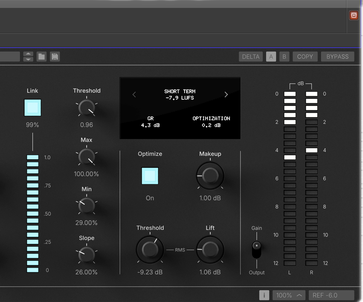 AL-1 with the Optimizer on, showing 4.3 dB of gain reduction at -7.9 LUFS short-term