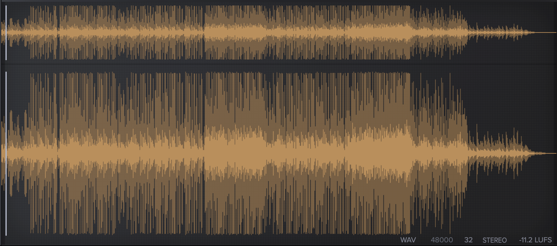 Waveform of the same mix with the final limiter removed, measuring -11.2 LUFS