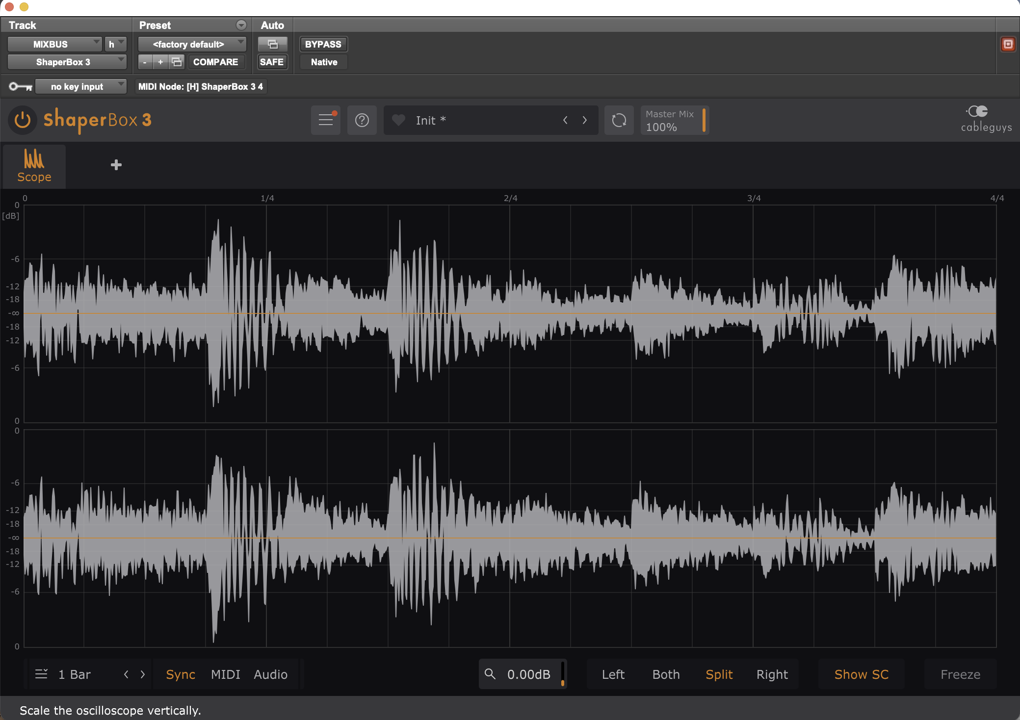 One bar of the mix bus in an oscilloscope, with a few drum hits peaking well above the rest of the mix